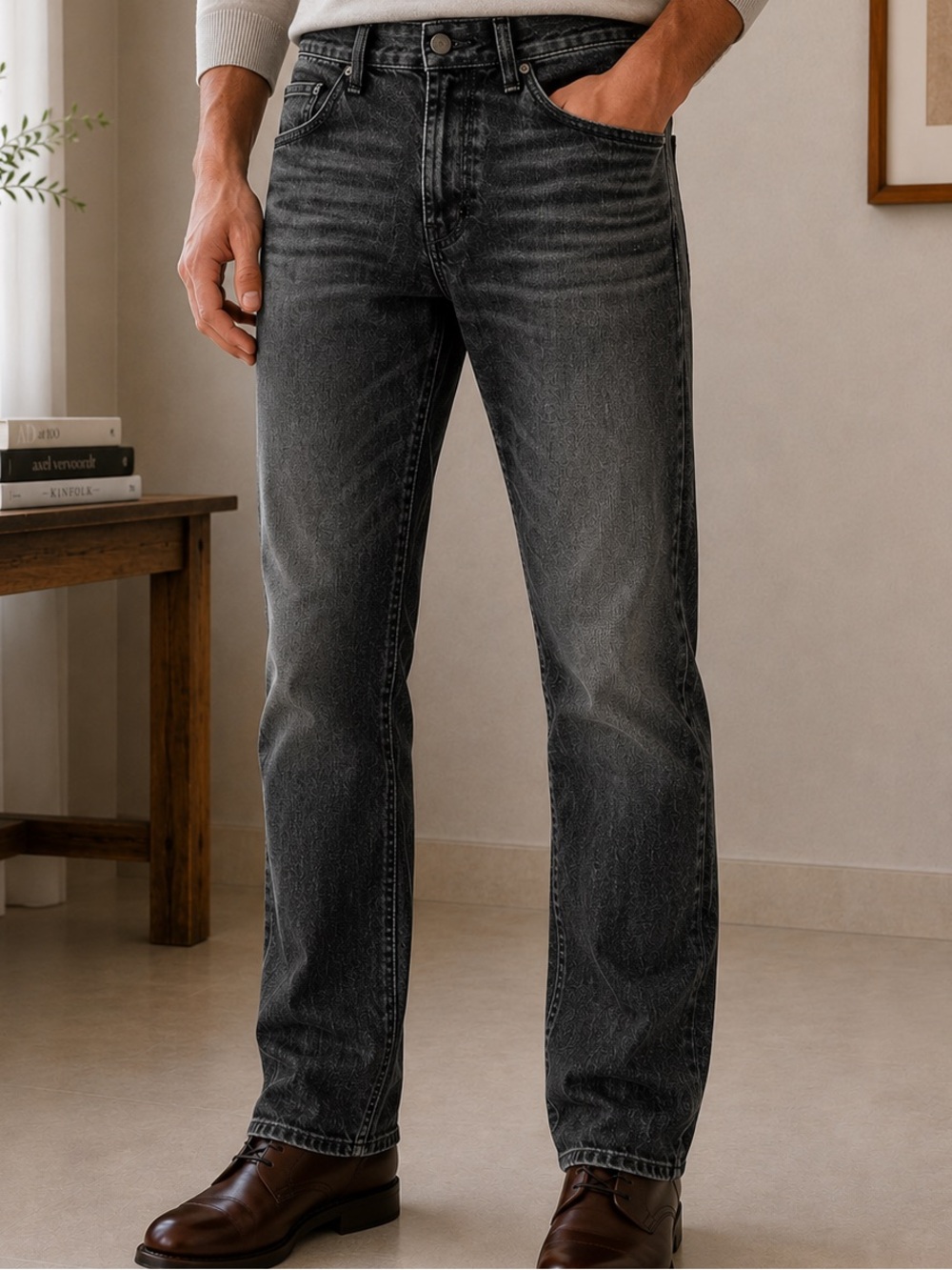 7 For All Mankind Straight Jeans in Washed Black. BB26